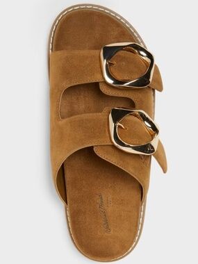 Women's Camel Suede Memory Foam Gold Buckle Sandals